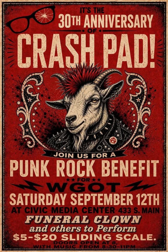 Crash Pad, Funeral Clown at Civic Media Center in Gainesville, FL — September 12, 2026 concert flyer Crash Pad, Funeral Clown at Civic Media Center in Gainesville, FL — September 12, 2026 concert flyer