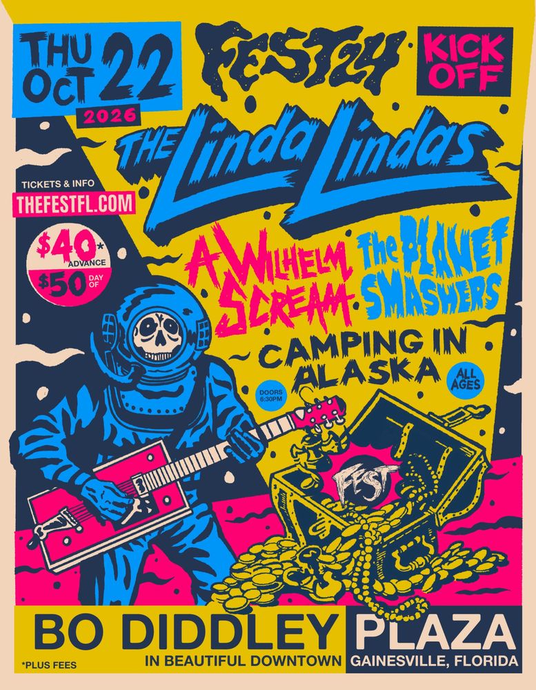 The Linda Lindas, A Wilhelm Scream, The Planet Smashers, and others at Bo Diddley Plaza in Gainesville, FL — October 22, 2026 concert flyer