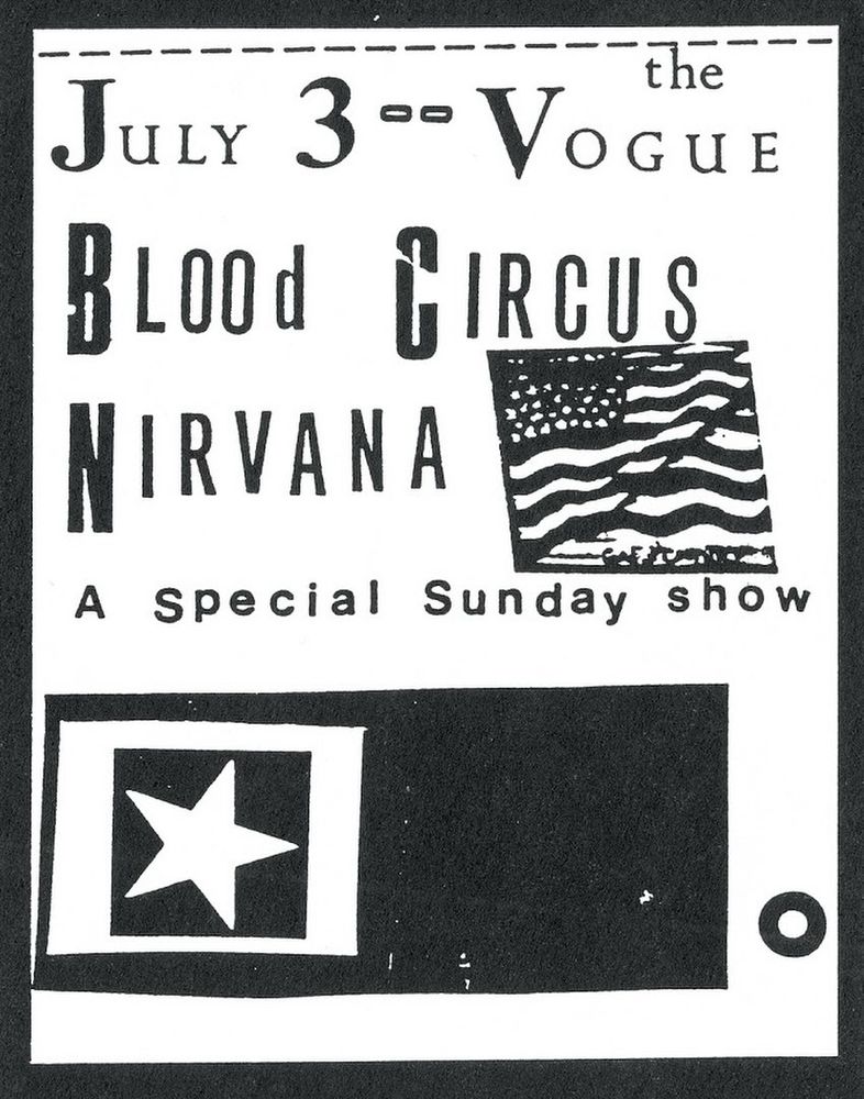 Nirvana, Blood Circus, The Fluid at Vogue in Seattle, WA — July 3, 1988 concert flyer