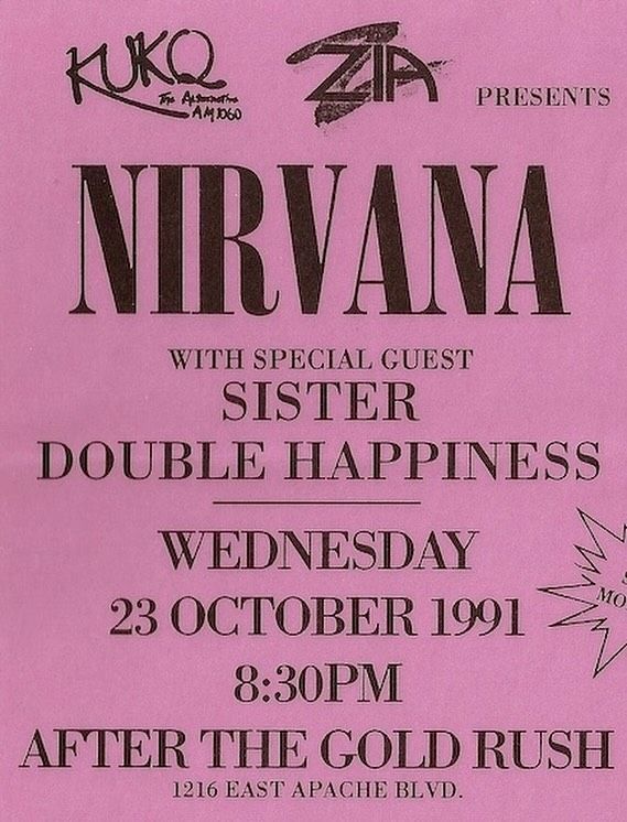 Nirvana, Sister Double Happiness at After The Gold Rush in Tempe, AZ — October 23, 1991 concert flyer