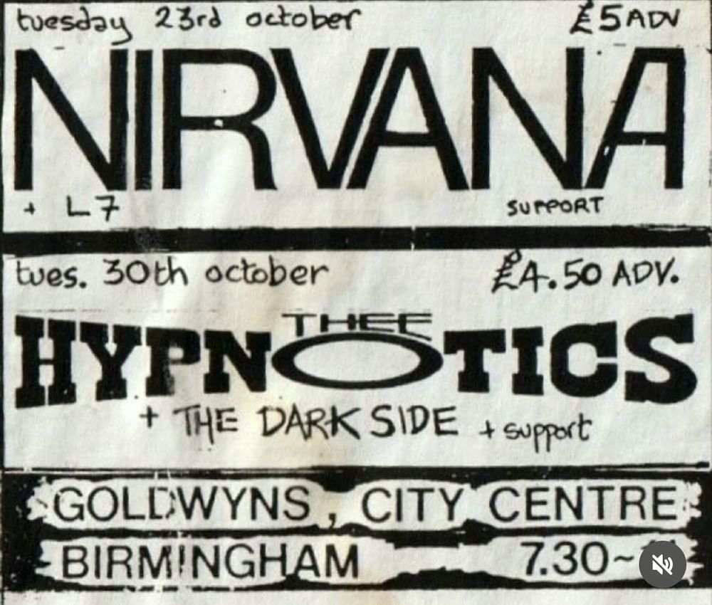 Nirvana, L7 at Goldwyns in Birmingham, England, United Kingdom — October 23, 1990 concert flyer