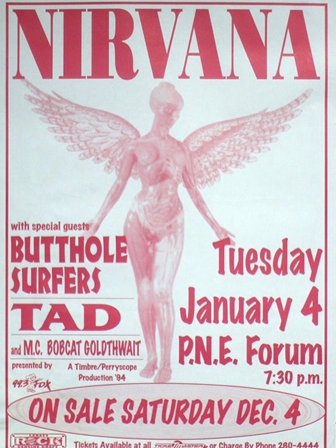 Nirvana, Butthole Surfers, Chokebore, and others at Vancouver Forum in Vancouver, British Columbia — January 4, 1994 concert flyer