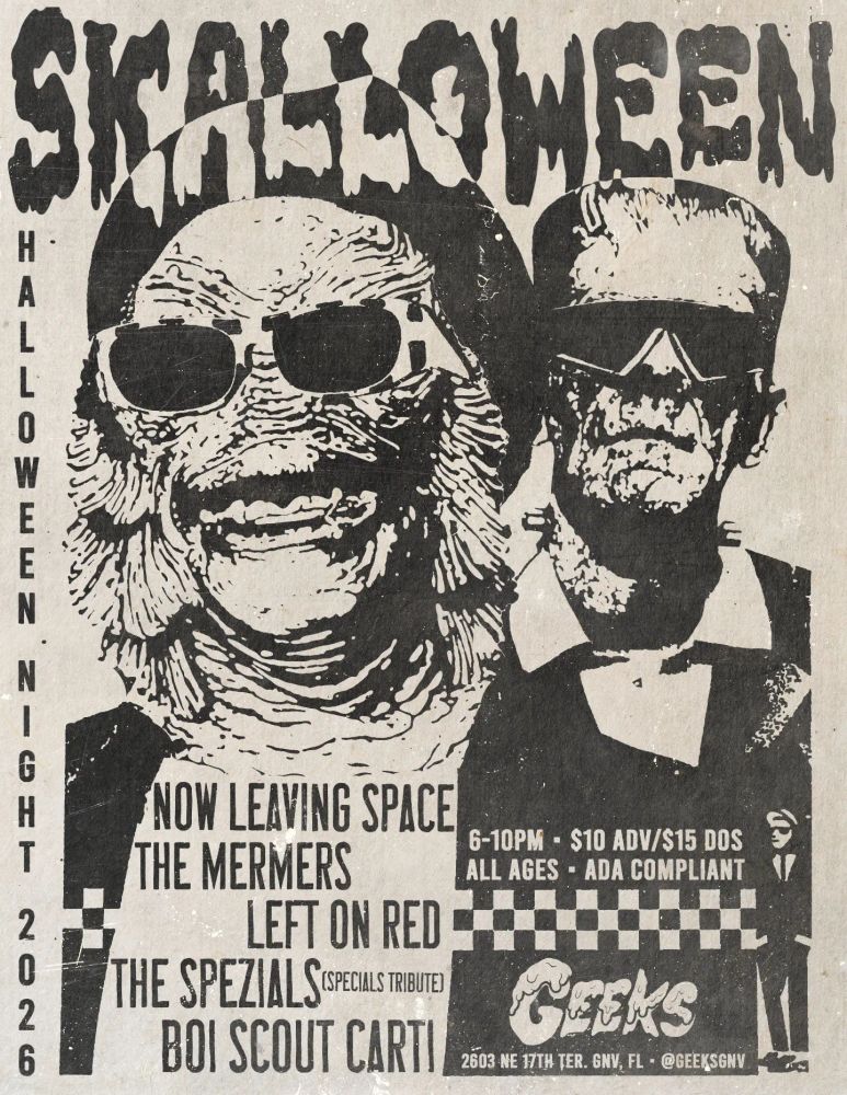 Now Leaving Space, the Mermers, Left On Red, and others at Geeks — October 31, 2026 concert flyer