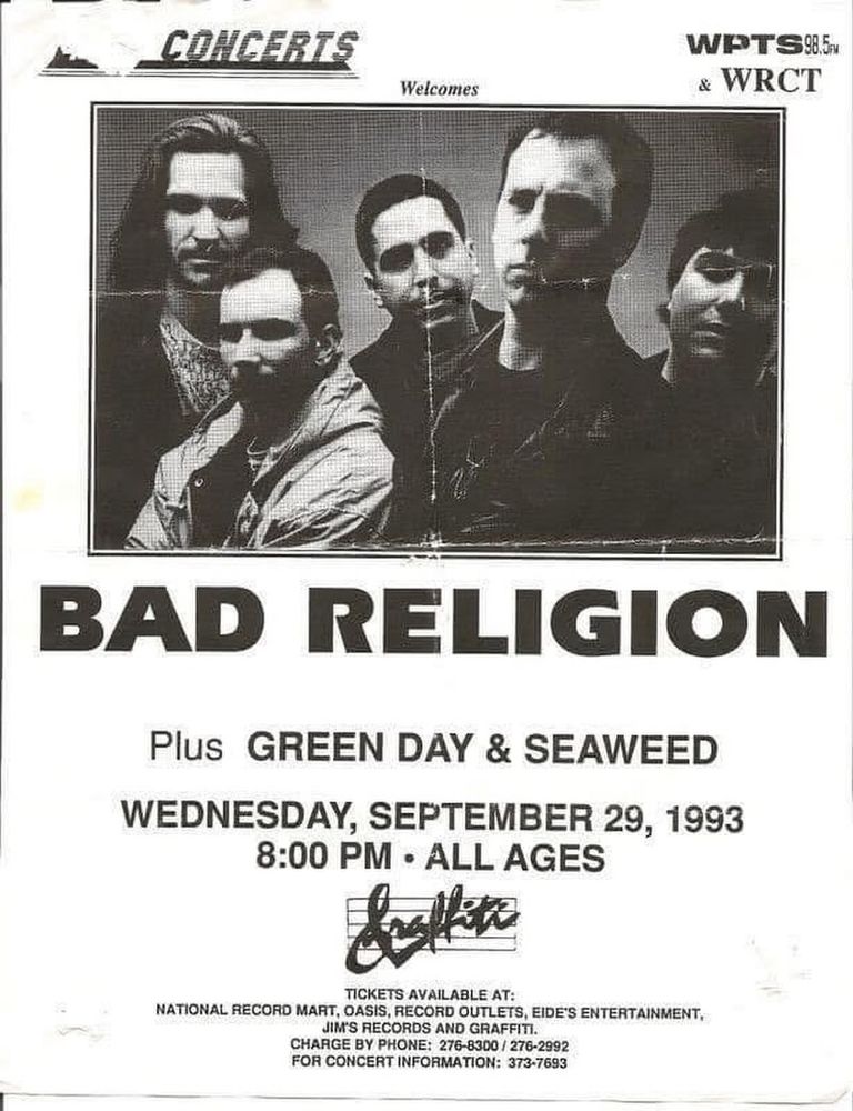 Bad Religion, Green Day, Seaweed at Graffiti in Pittsburgh, PA — September 29, 1993 concert flyer