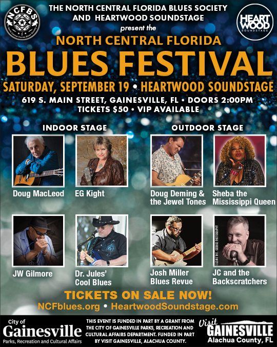 Doug Deming & The Jewel Tones, Sheba The Mississippi Queen, Josh Miller Blues Revue, and others at Heartwood Soundstage in Gainesville, FL — September 19, 2026 concert flyer