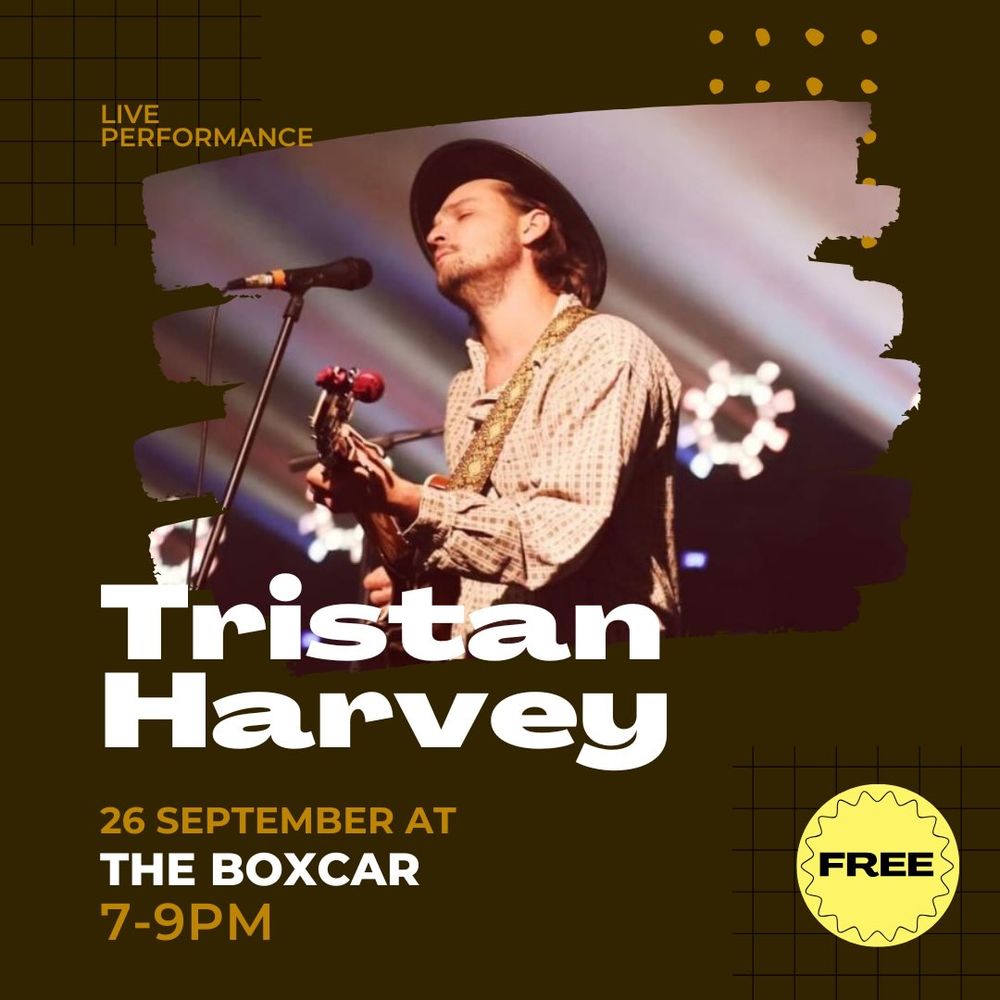 Tristan Harvey at Boxcar Beer and Wine Garden in Gainesville, FL — September 26, 2026 concert flyer Tristan Harvey at Boxcar Beer and Wine Garden in Gainesville, FL — September 26, 2026 concert flyer