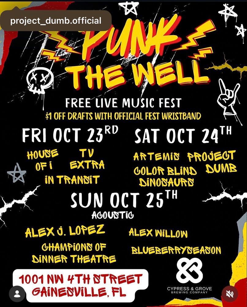 Alex Lopez, Alex Willow, Champions of Dinner Theatre, and others at Cypress & Grove Brewery in Gainesville, FL — October 25, 2026 concert flyer Alex Lopez, Alex Willow, Champions of Dinner Theatre, and others at Cypress & Grove Brewery in Gainesville, FL — October 25, 2026 concert flyer