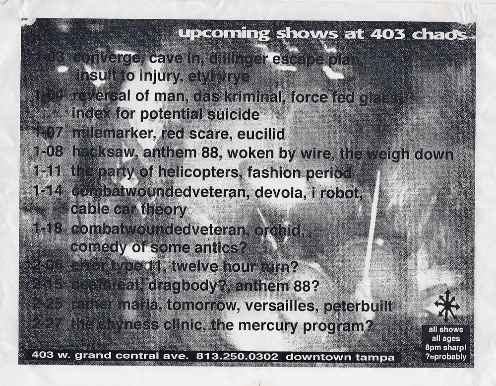 Rainer Maria, Tomorrow, Versailles, and others at 403 Chaos in Tampa, FL — February 23, 1999 concert flyer
