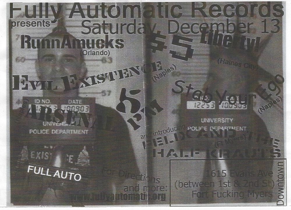 RunnAmucks, Evil Existence, Liberty!, and others at Fully Automatic Records in Fort Myers, FL — December 13, 2003 concert flyer