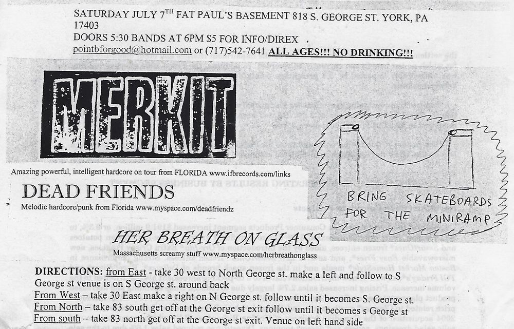 Merkit, Dead Friends, Her Breath on Glass at Fat Paul's Basement in York, PA — July 7, 2007 concert flyer