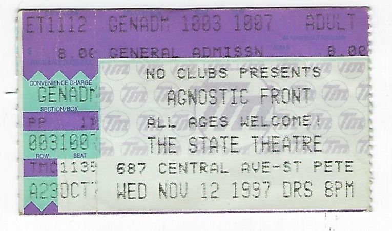 Agnostic Front at State Theatre in St. Petersburg, FL — November 12, 1997 concert flyer