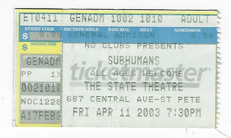 Subhumans at State Theatre in St. Petersburg, FL — April 11, 2003 concert flyer
