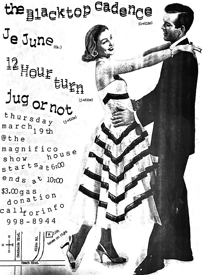The Blacktop Cadence, Jejune, Twelve Hour Turn, and others at The Magnifico House in Jacksonville, FL — March 19, 1998 concert flyer