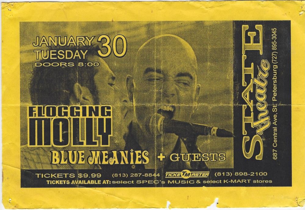 Flogging Molly, Blue Meanies at State Theatre in St. Petersburg, FL — January 30, 2001 concert flyer