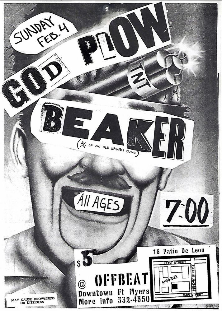Godplow, Beaker at Offbeat Music in Fort Myers, FL — February 4, 1996 concert flyer
