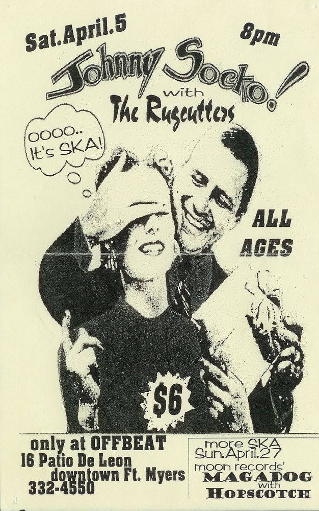 Johnny Socko, The Rugcutters at Offbeat Music in Fort Myers, FL — April 5, 1997 concert flyer