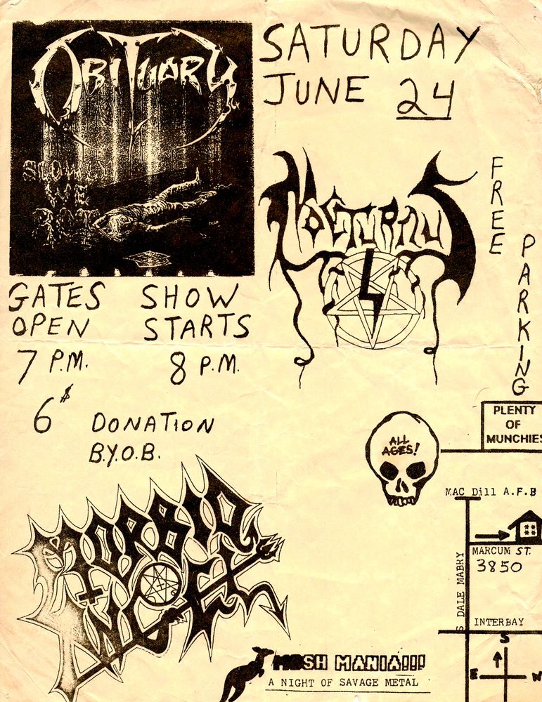 Obituary, Morbid Angel, Nocturnul at A.F.B. Warehouse in Tampa, FL — June 24, 1989 concert flyer