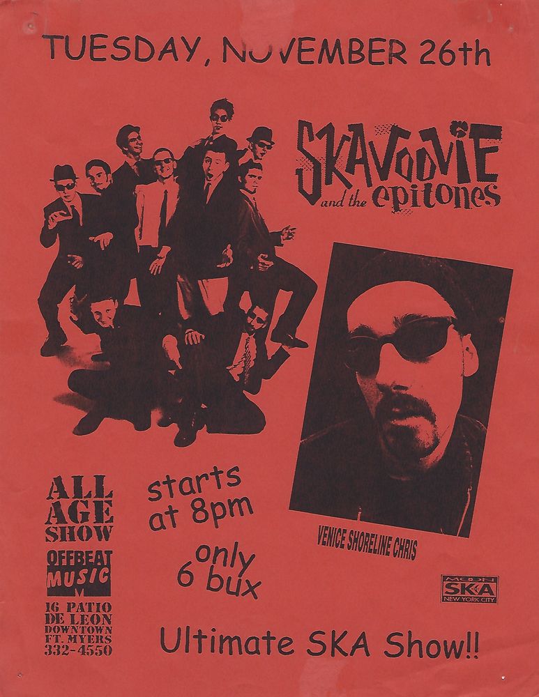 Skavoovie & the Epitones, Venice Shoreline Chris at Offbeat Music in Fort Myers, FL — November 26, 1996 concert flyer