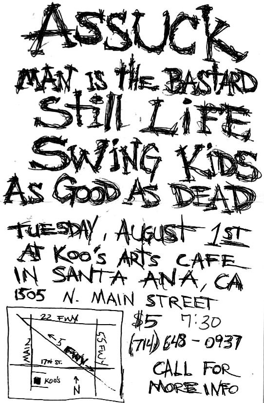 Assück, Man Is The Bastard, Still Life, and others at Koo's Art Cafe in Santa Ana, CA — August 1, 1995 concert flyer