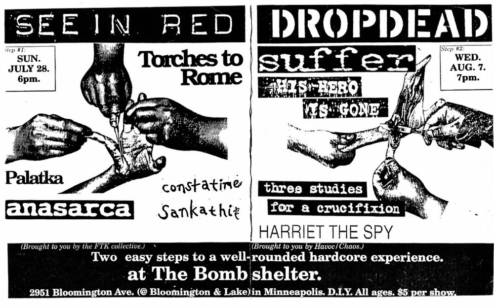 Dropdead, Suffer, His Hero is Gone, and others at The Bomb Shelter in Minneapolis, MN — August 7, 1996 concert flyer