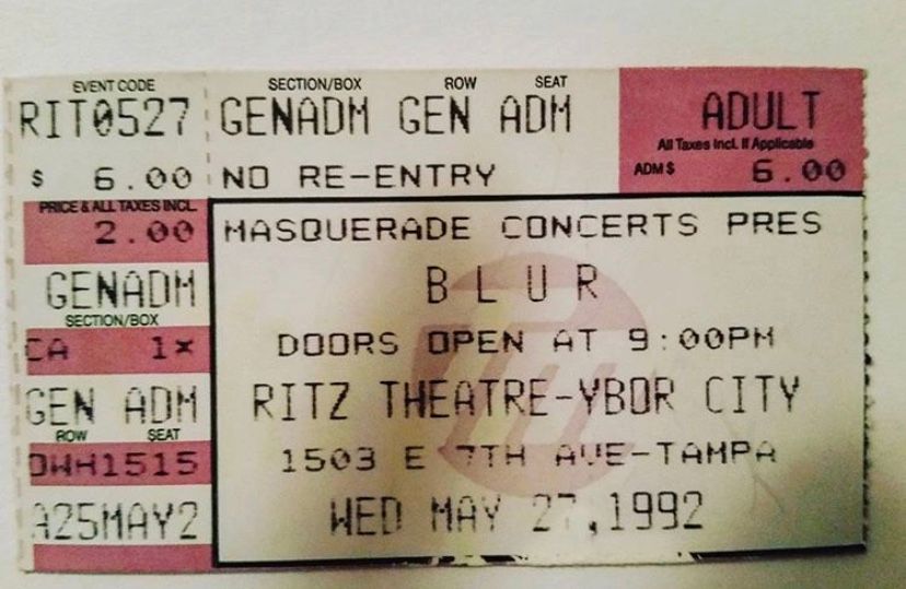 Blur at Ritz Theater in Tampa, FL — May 27, 1992 concert flyer