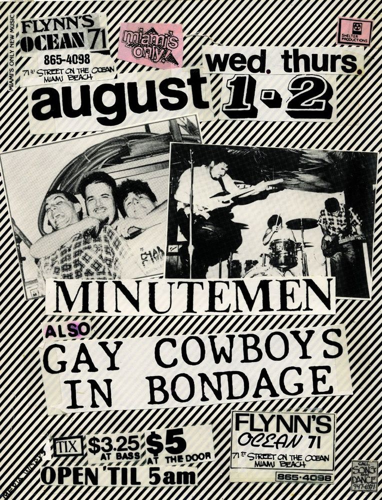 Minutemen, Gay Cowboys In Bondage at Flynn's Ocean 71 in Miami, FL — August 2, 1984 concert flyer