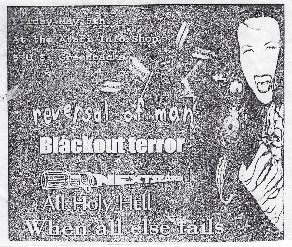 Reversal Of Man, Blackout Terror, Next Season, and others at Atari Infoshop in Sarasota, FL — May 5, 1995 concert flyer