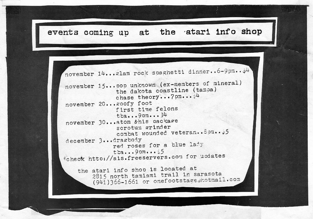 Dragbody, Red Roses For A Blue Lady at Atari Infoshop in Sarasota, FL — December 3, 1999 concert flyer