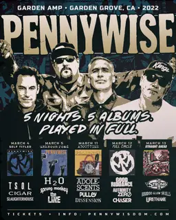 Pennywise, Adolescents, Pulley, and others at Garden Amphitheatre in Garden Grove, CA — March 11, 2022 concert flyer