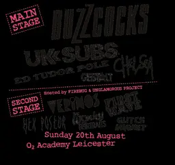 The Buzzcocks, U.K. Subs, Ed Tudor Pole, and others at O2 Academy in Leicester, England — August 20, 2023 concert flyer