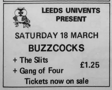 The Buzzcocks, Gang Of Four, The Slits at Leeds University in Leeds, England — March 18, 1978 concert flyer