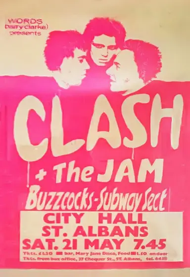 The Buzzcocks, The Clash, Subway Sect, and others at City Hall in St. Albans, United Kingdom — May 21, 1977 concert flyer