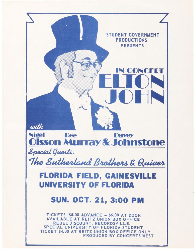 Elton John, Sutherland Brothers & Quiver at University Auditorium in Gainesville, FL — October 21, 1973 concert flyer