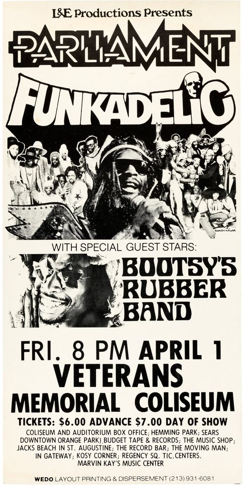 Parliament Funkadelic, Bootsy's Rubber Band at Jacksonville Coliseum — April 1, 1977 concert flyer