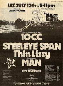 Thin Lizzy, 10Cc, Steeleye Span, and others at Cardiff Castle — July 12, 1975 concert flyer