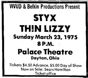 Thin Lizzy, Styx at Palace Theatre in Dayton, OH — March 23, 1975 concert flyer