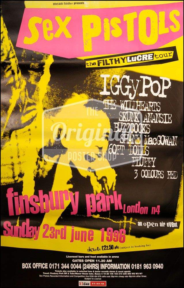 The Buzzcocks, Sex Pistols, Iggy Pop, and others at Finsbury Park in London, England — June 23, 1996 concert flyer The Buzzcocks, Sex Pistols, Iggy Pop, and others at Finsbury Park in London, England — June 23, 1996 concert flyer