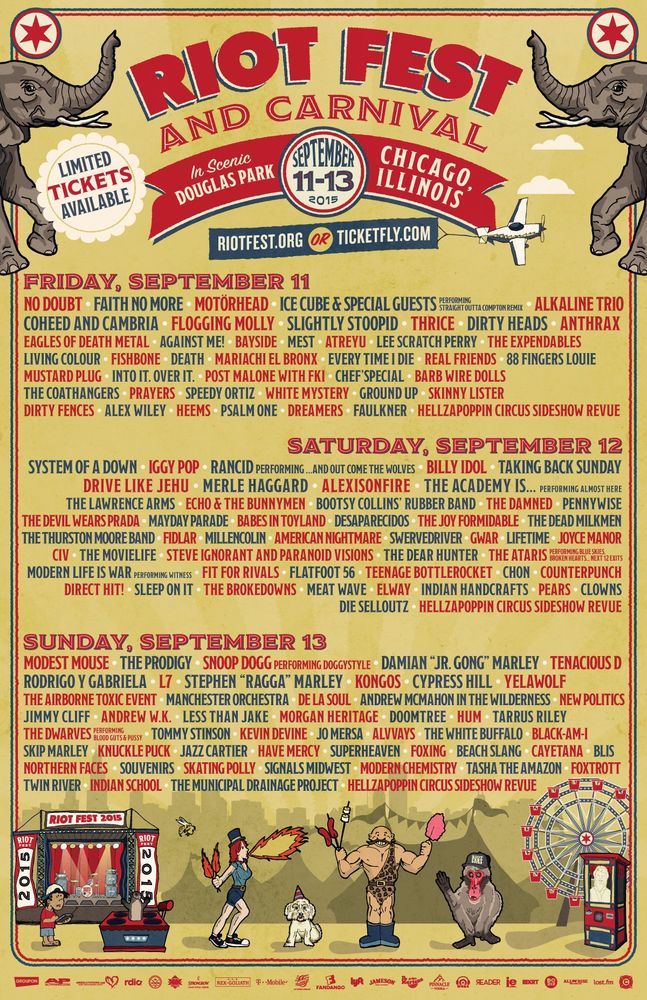 Alkaline Trio, No Doubt, Faith No More, and others at Douglas Park in Chicago, IL — September 11, 2015 concert flyer