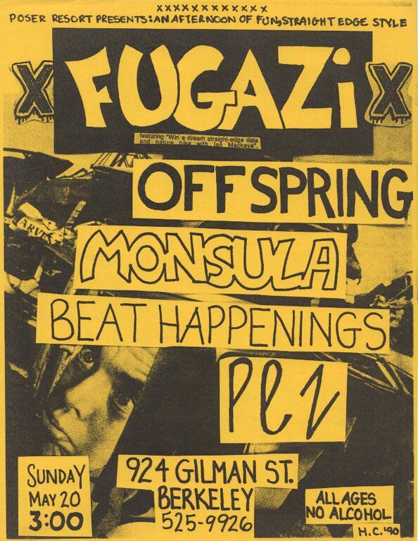 Fugazi, Beat Happening, The Offspring, and others at Gilman Street in Berkeley, CA — May 20, 1990 concert flyer Fugazi, Beat Happening, The Offspring, and others at Gilman Street in Berkeley, CA — May 20, 1990 concert flyer