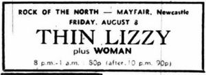 Thin Lizzy at Mayfair — August 8, 1975 concert flyer