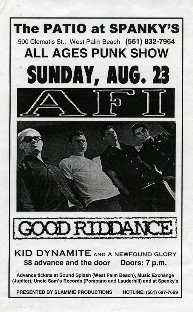 AFI, New Found Glory, Kid Dynamite at Spanky's in West Palm Beach, FL — August 23, 1998 concert flyer AFI, New Found Glory, Kid Dynamite at Spanky's in West Palm Beach, FL — August 23, 1998 concert flyer