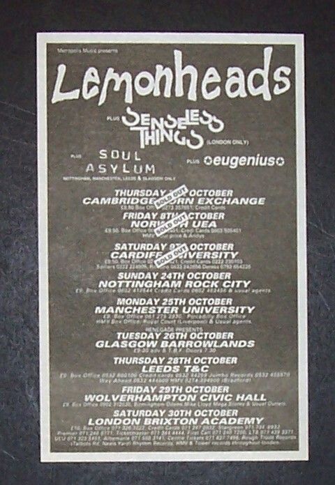The Lemonheads, Drugstore, Eugenius, and others at O2 Academy Brixton in Brixton, England — October 30, 1993 concert flyer