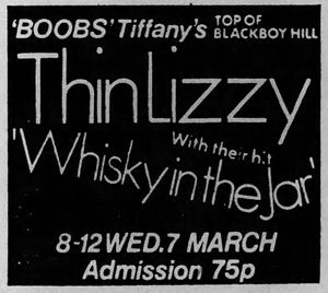 Thin Lizzy at Boobs in Bristol, England — March 7, 1973 concert flyer