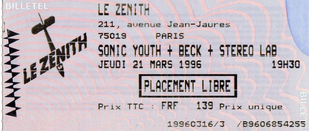 Sonic Youth, Beck, Stereolab at Le Zenith — March 21, 1996 concert flyer