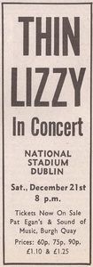 Thin Lizzy at National Stadium in Dublin, Ireland — December 21, 1974 concert flyer