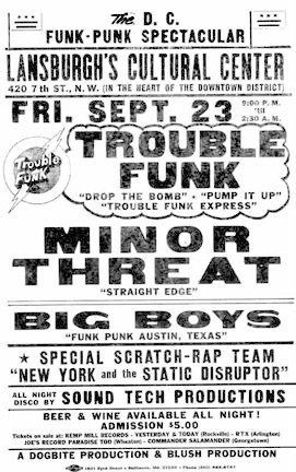 Trouble Funk, Minor Threat, Big Boys, and others at Lansburgh Cultural Center — September 23, 1983 concert flyer