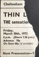 Thin Lizzy at Cheltenham Town Hall in Cheltenham, England — March 30, 1973 concert flyer