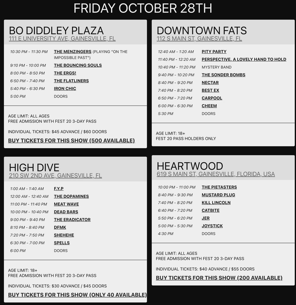 The Menzingers, The Bouncing Souls, The Ergs!, and others at Bo Diddley Plaza in Gainesville, FL — October 28, 2022 concert flyer