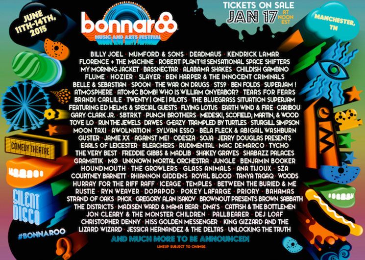 Against Me!, Spoon, Belle and Sebastian, and others at Bonnaroo Music Festival in Manchester, TN — June 11, 2015 concert flyer Against Me!, Spoon, Belle and Sebastian, and others at Bonnaroo Music Festival in Manchester, TN — June 11, 2015 concert flyer