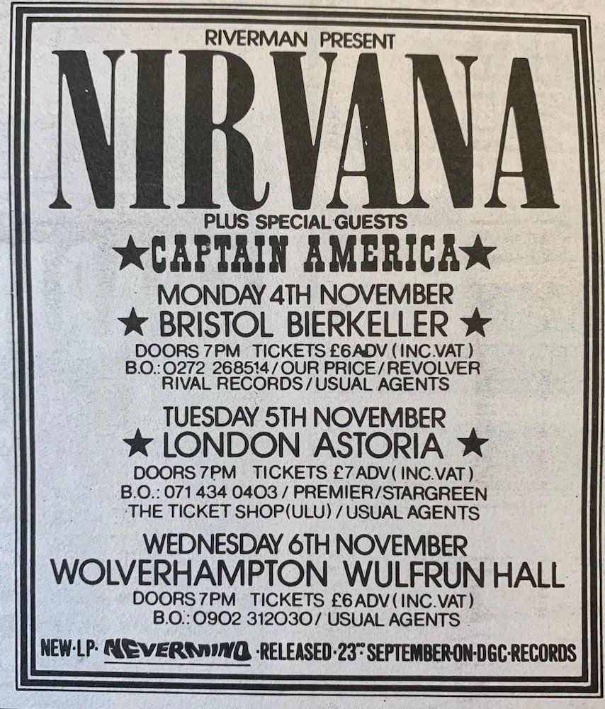 Nirvana, Midway Still at Bierkeller in Bristol, England — November 4, 1991 concert flyer